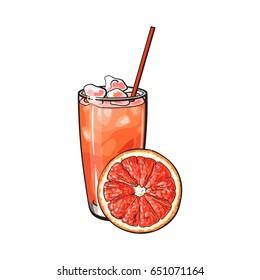 Grapefruit slice and glass of freshly squeezed juice with ice and straw, sketch style vector illustration on white background. Hand drawn glass of grapefruit juice with ice and grapefruit slice