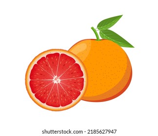 Grapefruit and slice with leaf, flat style vector illustration isolated on white background