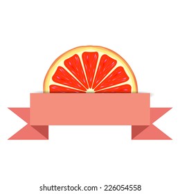Grapefruit slice with pink blank paper banner. Citrus juice advert