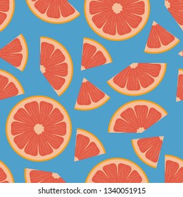 Grapefruit slice seamless pattern on blue background in cartoon flat style. Great for summer concept of fabric design, textile, wallpaper, wrapping, kids background.