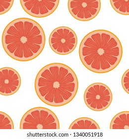 Grapefruit slice seamless pattern on white background in cartoon flat style. Great for summer concept of fabric design, textile, wallpaper, wrapping, kids background.