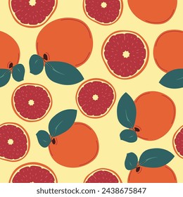 Grapefruit, slice and whole ripe exotic fruit with leaves. Vitamin product to support immunity, healthy balanced nutrition. Seamless pattern, wallpaper print or background. Vector in flat style