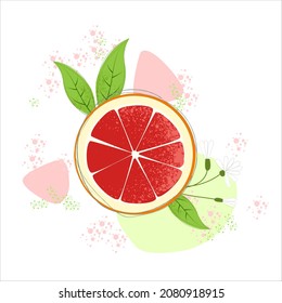Grapefruit sliced with leaves. Flat style
