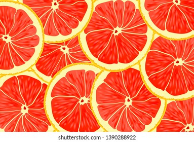 Grapefruit slices background pattern. Summer time bright vector illustration. Top view. Organic food.