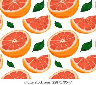 Grapefruit slices with green leaves. Bright and modern pattern. Seamless pattern in vector. Suitable for prints and backgrounds.