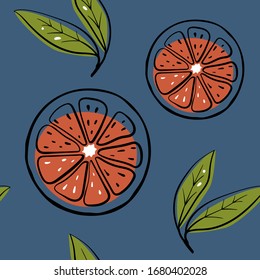 Grapefruitscheiben und -blätter.Nahtloses Muster. Farbige Linienskizze mit Zitrusfrüchten einzeln auf trendigem, blauem Hintergrund. Doodle handgezeichnete Vektorillustration Illustration