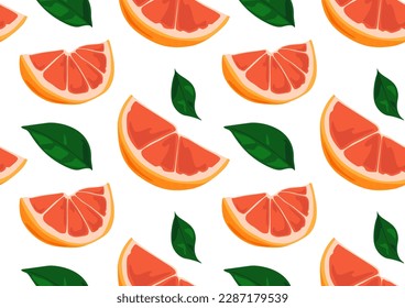 Grapefruit slices with pulp and green grapefruit leaves. Bright and modern pattern. Seamless pattern in vector. Suitable for prints and backgrounds.