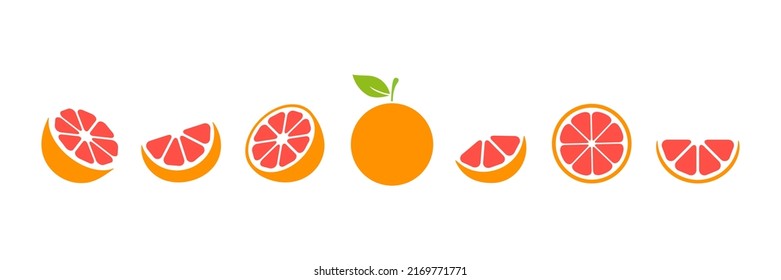 Grapefruit slices set. Whole, half and slice chopped grapefruit fruit collection. Citrus elements group. Vector illustration isolated on white background.