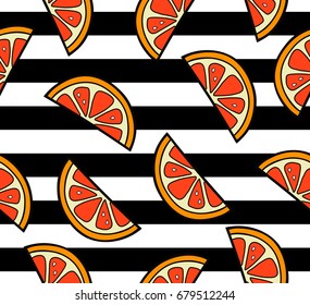 Grapefruit slices summer seamless pattern on the striped background