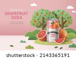 Grapefruit soda banner ad. 3D Illustration of a can of grapefruit soda in papercraft garden with realistic sliced and wedged fruit displayed on the grass