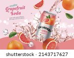 Grapefruit soda banner ad. 3D Illustration of a can of grapefruit soda splashed by liquid along with realistic sliced and wedged fruit on pink background