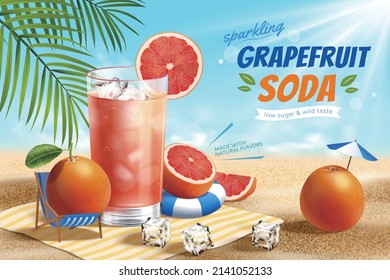 Grapefruit soda banner ad. 3D Illustration of a glass of cold grapefruit soda with ice cubes and cut grapefruit on the sand at a tropical beach