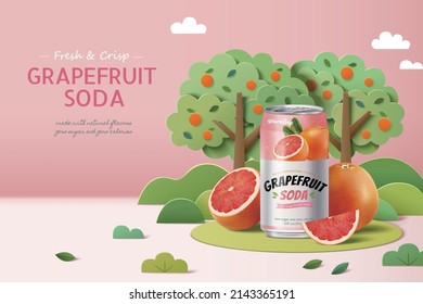 Grapefruit soda banner ad. 3D Illustration of a can of grapefruit soda in papercraft garden with realistic sliced and wedged fruit displayed on the grass