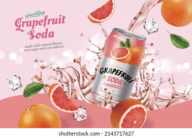 Grapefruit soda banner ad. 3D Illustration of a can of grapefruit soda splashed by liquid along with realistic sliced and wedged fruit on pink background