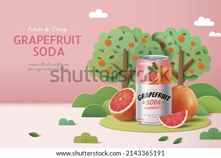 Grapefruit soda banner ad. 3D Illustration of a can of grapefruit soda in papercraft garden with realistic sliced and wedged fruit displayed on the grass