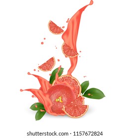 Grapefruit splash illustration. Splashing juice. Cocktail falling pink slices isolated on background. Advertisement banner. Product design. Vector EPS 10.