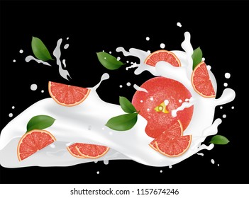 Grapefruit splash illustration. Splashing milk juice. Cocktail falling pink slices, leaves isolated on black background. Advertisement banner. Product design. Vector EPS 10.