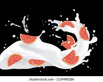 Grapefruit splash illustration. Splashing milk juice. Cocktail falling pink slices isolated on black background. Advertisement banner. Product design. Vector EPS 10.