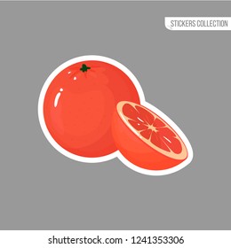 Grapefruit sticker isolated on white background. Bright vector illustration of colorful half and whole of juicy grapefruit. Fresh cartoon