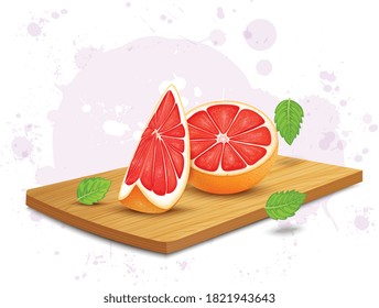 grapefruit vector illustration with grapefruit slice on wooden chopping board