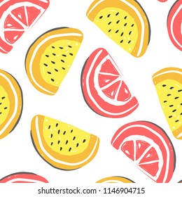 Grapefruit and watermelon exotic fruits seamless pattern. Fresh melon and grapefruit, tropical fruits summer detox
