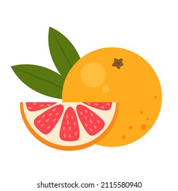 Grapefruits, ganze Früchte und Scheiben einzeln auf weißem Hintergrund.  Orangefarbene Früchte Ikone für das Verpackungsdesign. Bio-Lebensmittel, vegetarisches Produkt. Citrus, Vektorgrafik.