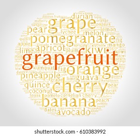 Grapefruit. Word cloud in shape of fruit, grey gradient background. Natural food.