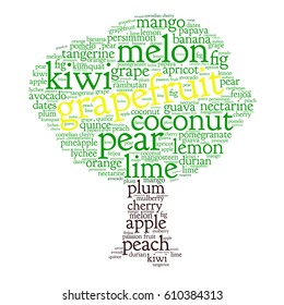 Grapefruit. Word cloud in shape of tree, white background. Fruit.