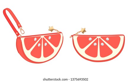 grapefruit zip bag, semicircle pouch with wrist strap, vector illustration