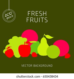 Grapes, apple, pear, strawberry, kiwi, avocado, grapefruit, fruit set, vector background, fresh fruit, healthy diet, greeting card
