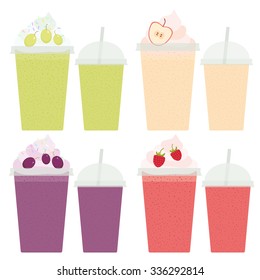 Grapes Apple Raspberry Take-out smoothie transparent plastic cup with straw and whipped cream. Isolated on white background. Vector