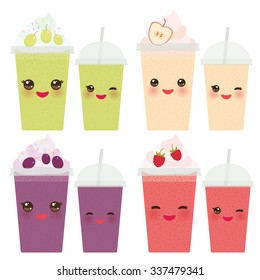 Grapes Apple Raspberry Take-out smoothie transparent plastic cup with straw and whipped cream. Kawaii cute face with eyes and smile  Isolated on white background. Vector