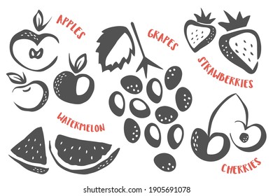 Grapes, apples, strawberries, cherries and watermelon hand painted with ink brush isolated on white background. Vector illustration