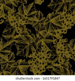 Grapes background. Seamless pattern of grapes. Bunch of grapes with leaves. Vintage engraving color stylized drawing. Vector illustration