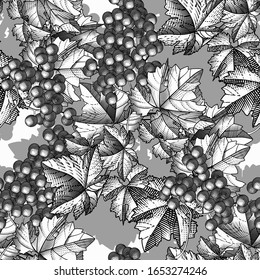 Grapes background. Seamless pattern of grapes. Bunch of grapes with leaves. Vintage engraving color stylized drawing. Vector illustration