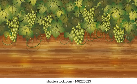Grapes banner with wooden background, vector illustration 