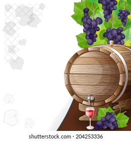 grapes, barrels and glass of wine