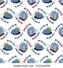 Grapes and Barrels. Seamless pattern on a white background. Cute vector illustration.