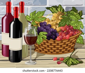 Grapes in a basket and bottled wine.Vector illustration with grapes and bottles of wine on a wooden tabletop.