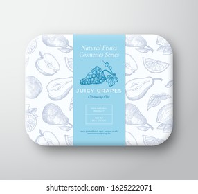 Grapes Bath Cosmetics Package Box. Abstract Vector Wrapped Paper Container with Label Cover. Packaging Design. Modern Typography and Hand Drawn Fruits Background Pattern Layout. Isolated.