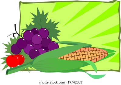 grapes, berries and Maize in green background	