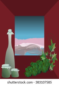 Grapes, bottle and jars in window with landscape background