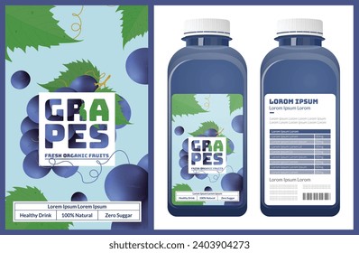 GRAPES. bottle. packaging of fresh and juicy fruits with juice bottle. Fresh organic product. Text with vector illustration realistic fruits on abase. Template for your product.