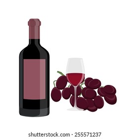 Grapes with a bottle of red wine and full glass.
