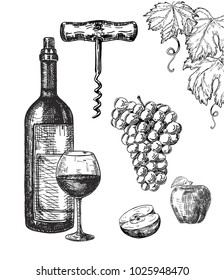 Grapes with a bottle of wine and glass