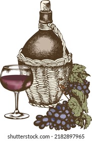 Grapes, a braided bottle and a glass of wine. Engraving style. Isolated illustration on a white background. All items are separate.