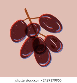 Grapes branch. Risograph imitation with scratches. Risoprint retro style composition. Trendy healthy food concept.