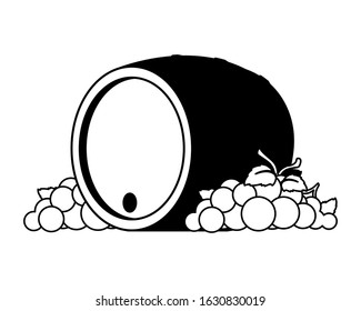 grapes branches and wine barrel on white background vector illustration design