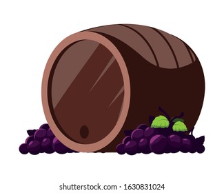 grapes branches and wine barrel on white background vector illustration design