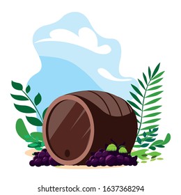 Grapes branches and wine barrel on background. landscape vector illustration design.